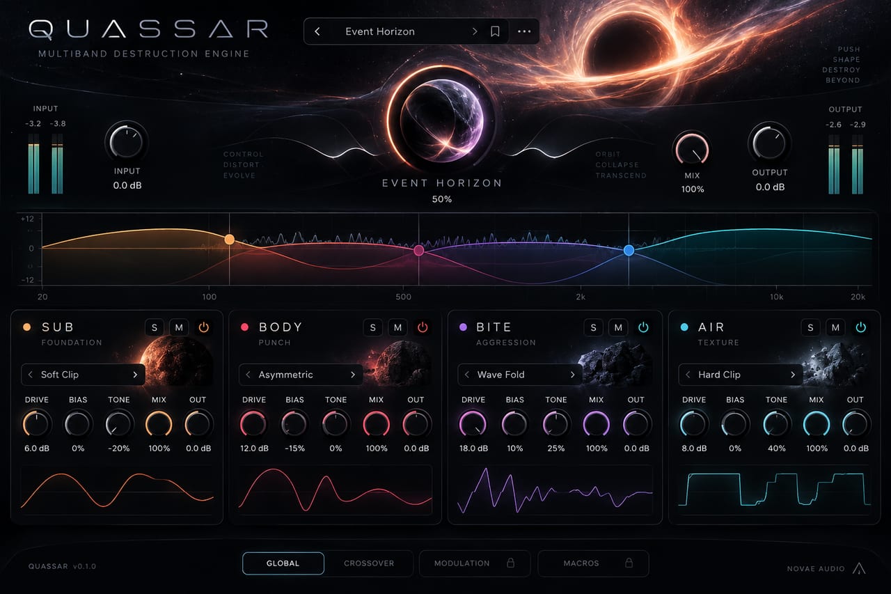 Concept render of the QUASSAR plug-in interface: a dark cosmic panel with a central Event Horizon orb, a four-band crossover graph and four coloured band modules labelled SUB, BODY, BITE and AIR.